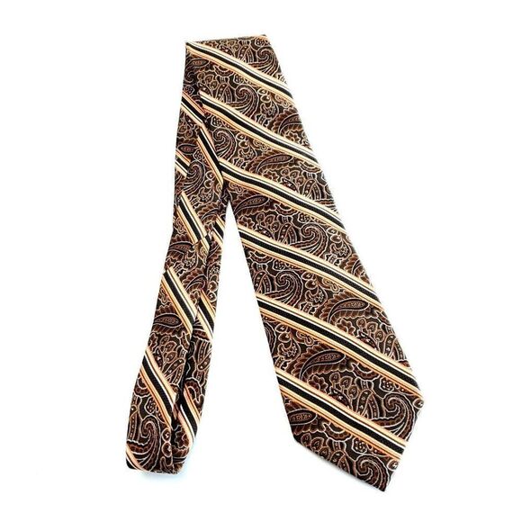 Pronto Uomo Couture Paisley Striped Brown Woven Silk Tie - Picture 6 of 6